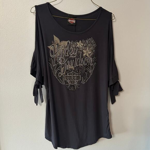 Harley Davidson Tops - Harley-Davidson Rhinestone Embellished Split Tied Sleeve Women's Sz XL